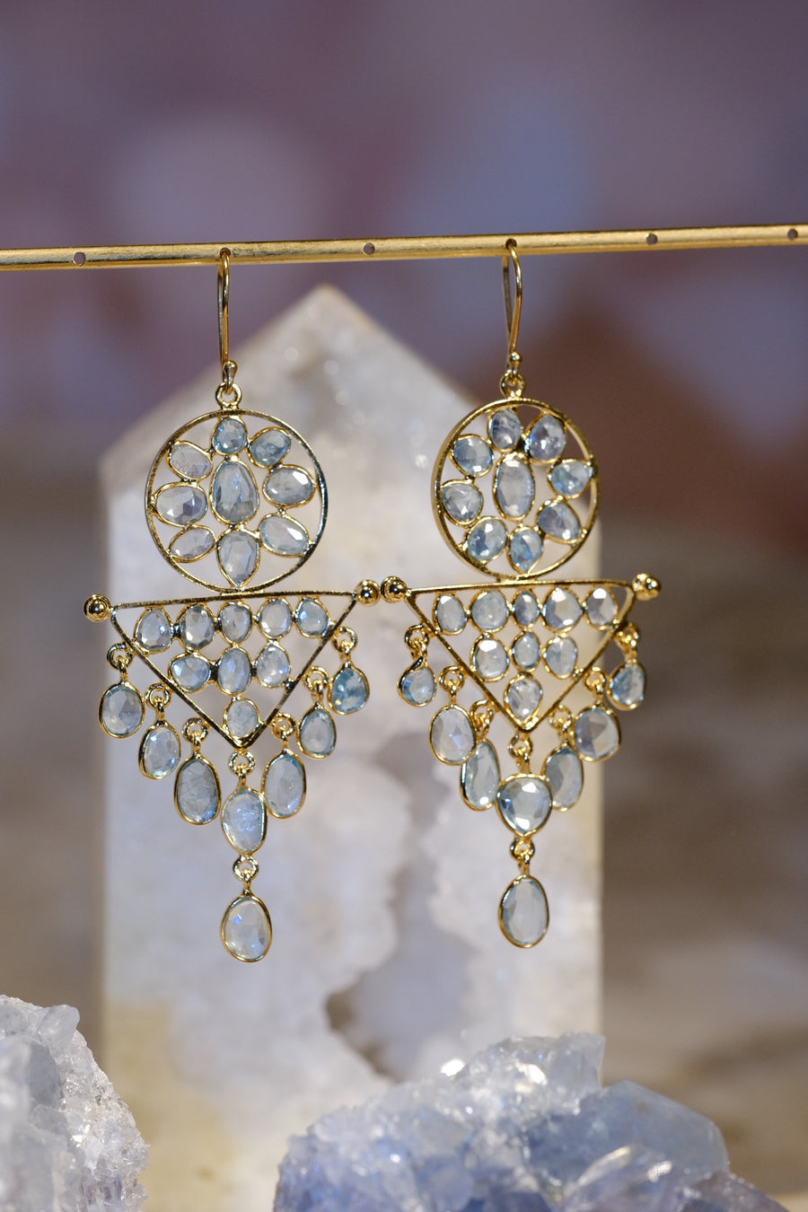 “Caught in a Moon Triangle” Blue Zircon Chandelier Earrings