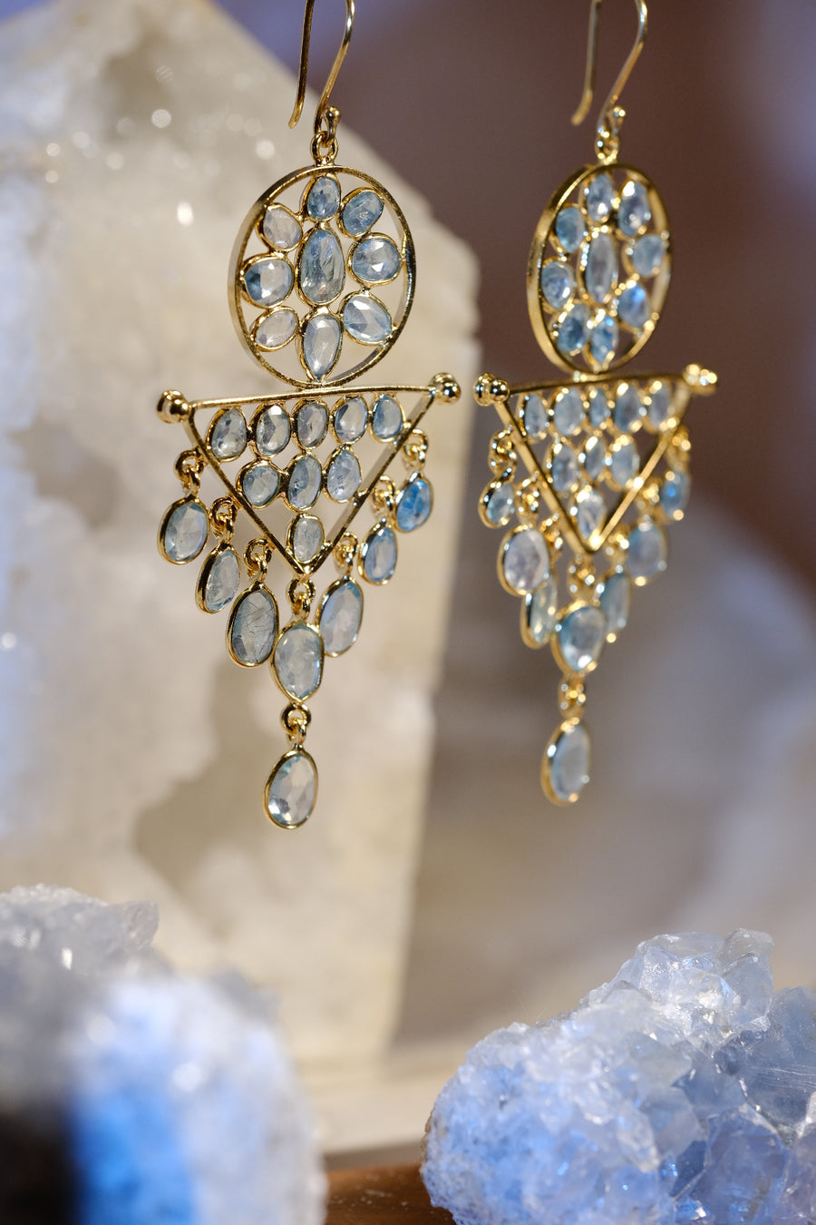 “Caught in a Moon Triangle” Blue Zircon Chandelier Earrings