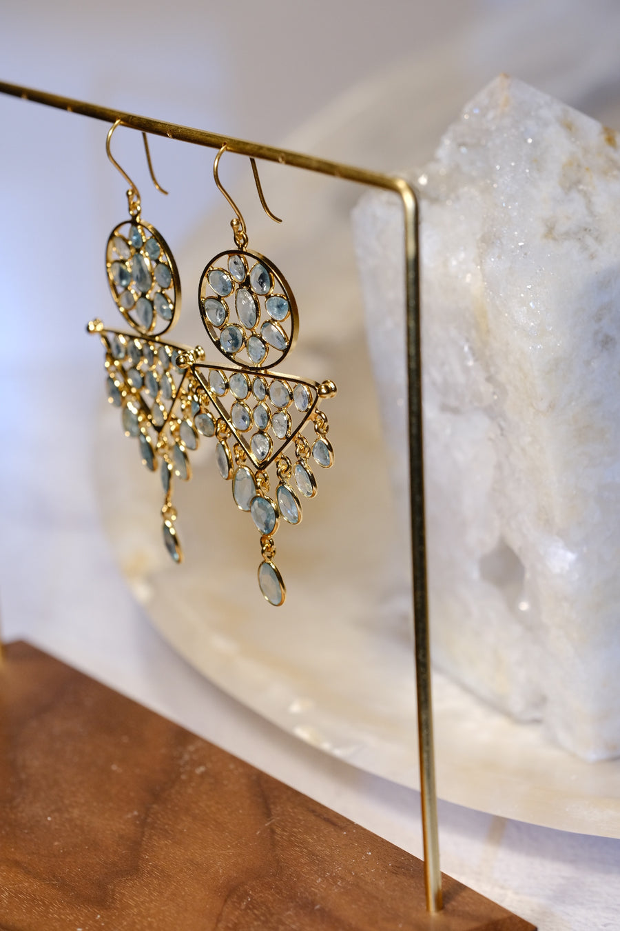 “Caught in a Moon Triangle” Blue Zircon Chandelier Earrings