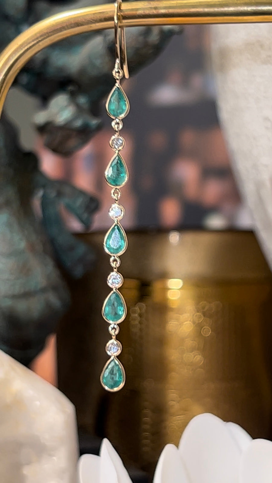 “Drop Me a Line” Emerald and Diamond Dangle Earrings