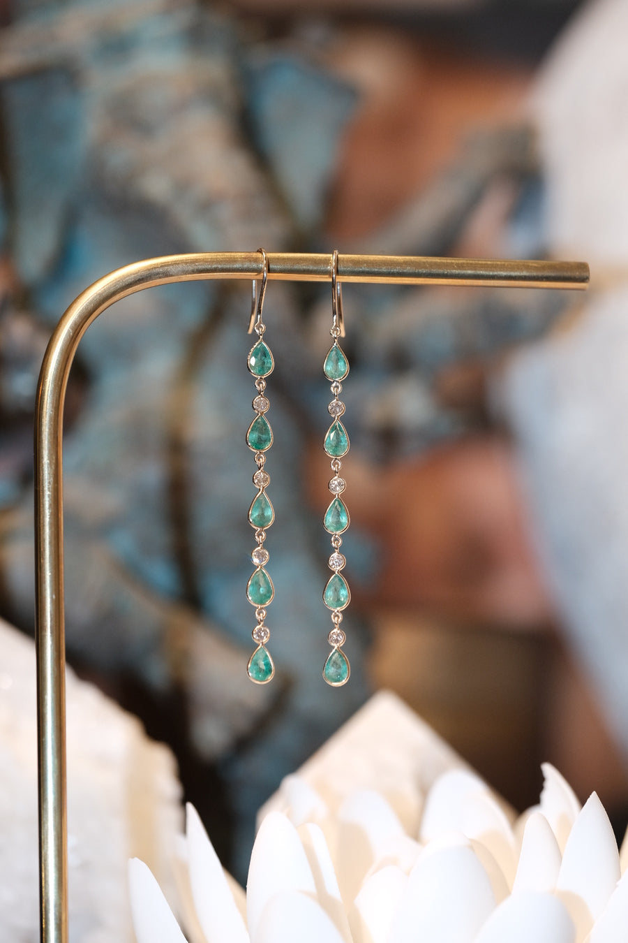 “Drop Me a Line” Emerald and Diamond Dangle Earrings