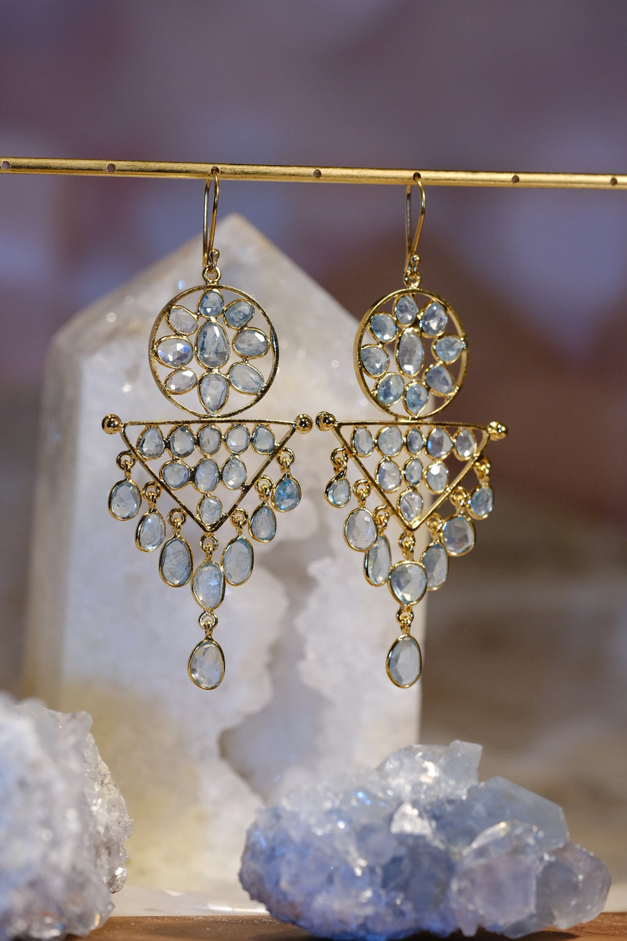 “Caught in a Moon Triangle” Blue Zircon Chandelier Earrings