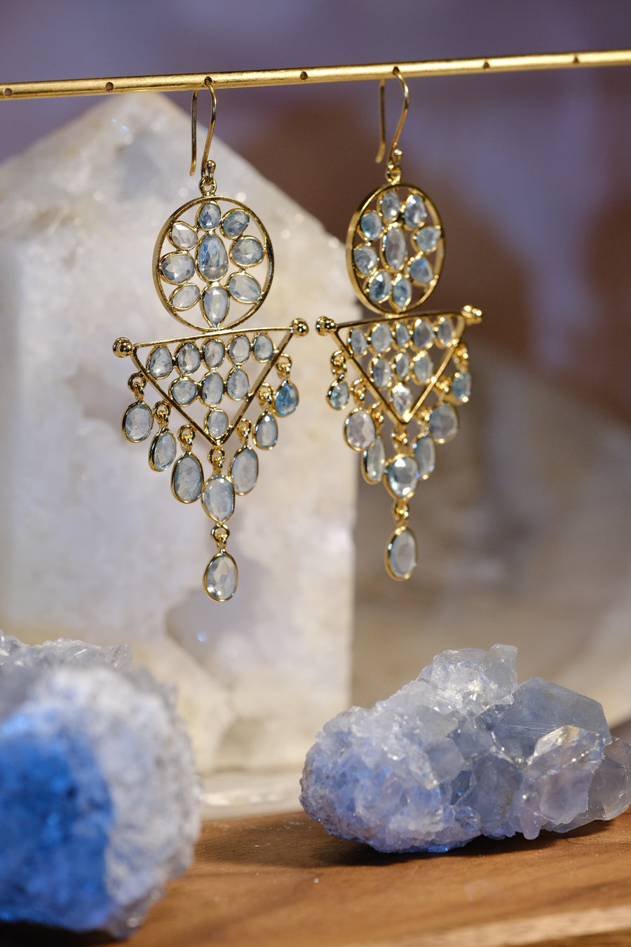 “Caught in a Moon Triangle” Blue Zircon Chandelier Earrings