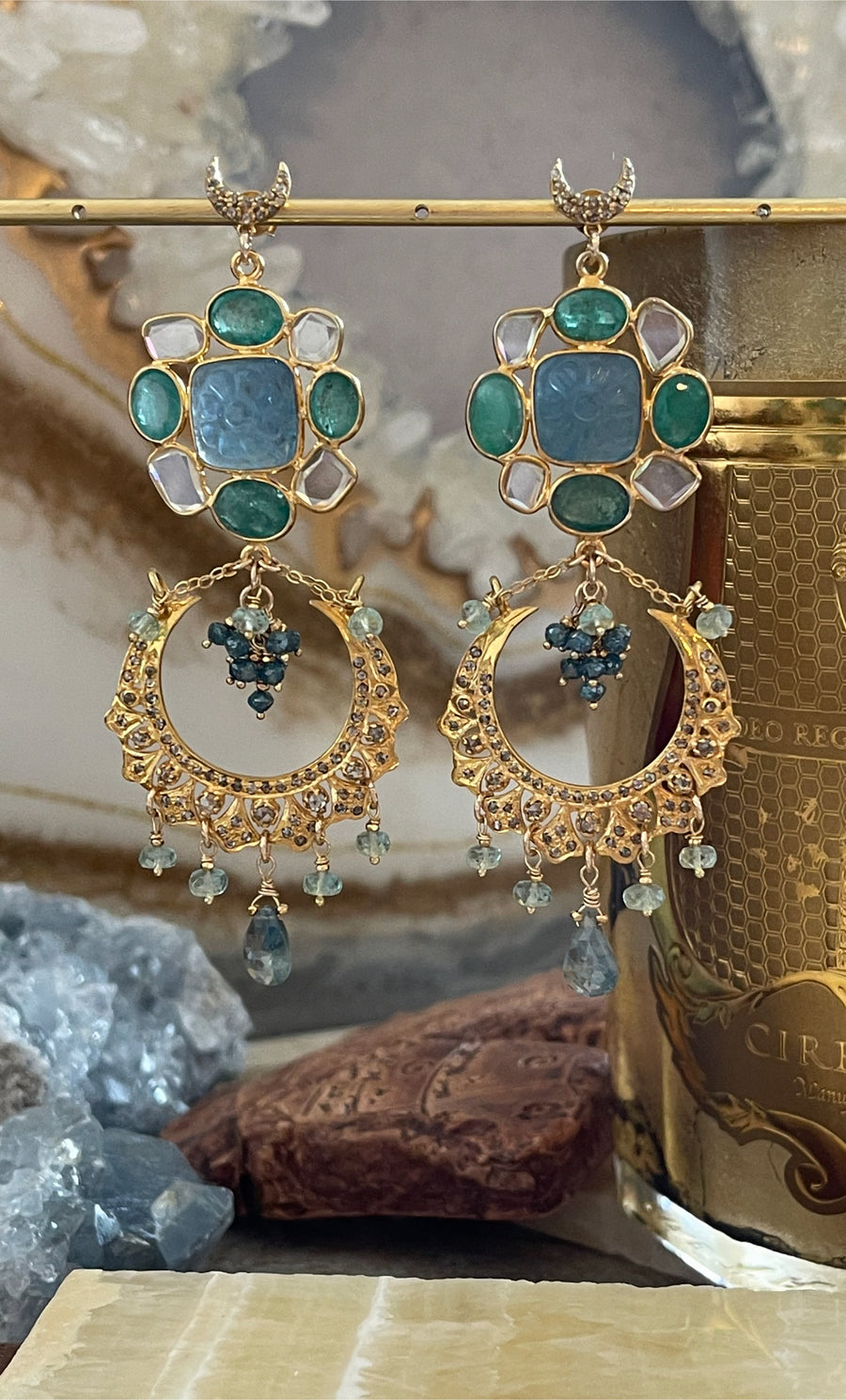 “Emerald Moon Flower” Chandelier Earrings