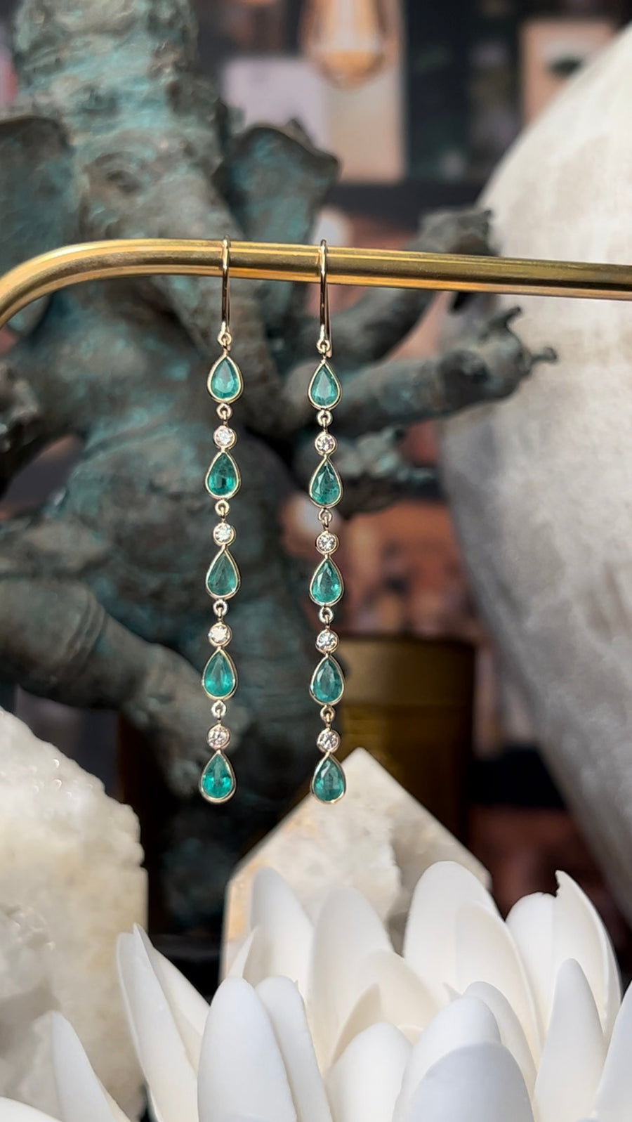 “Drop Me a Line” Emerald and Diamond Dangle Earrings