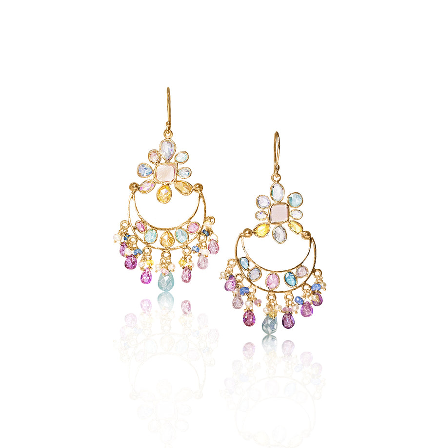 “Multi-Color Sapphire Moon Flower Crescent” Chandelier Earrings