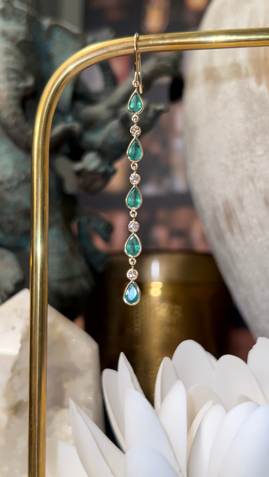 “Drop Me a Line” Emerald and Diamond Dangle Earrings