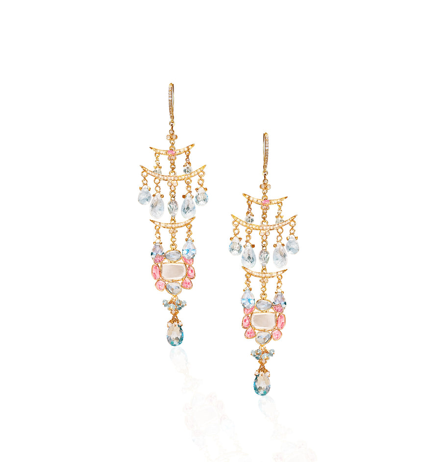 Long “Triple Decker Pagoda Crescent” Chandelier Earrings