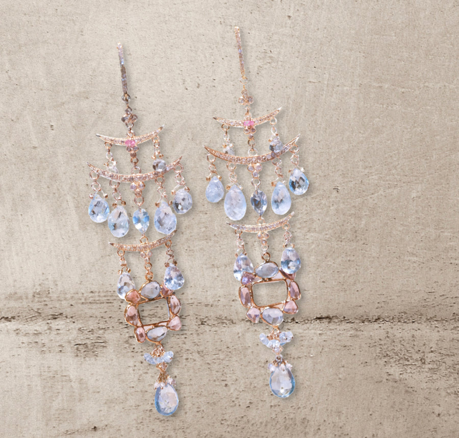 Long “Triple Decker Pagoda Crescent” Chandelier Earrings