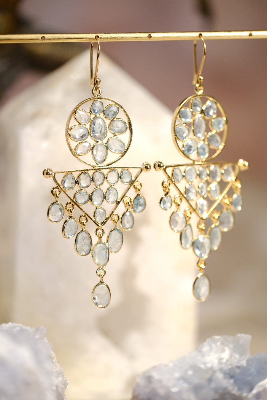 “Caught in a Moon Triangle” Blue Zircon Chandelier Earrings