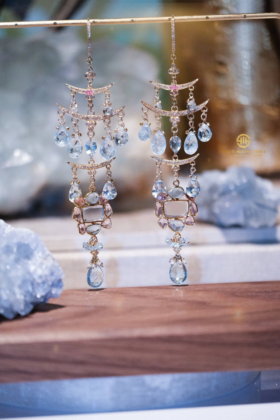 Long “Triple Decker Pagoda Crescent” Chandelier Earrings