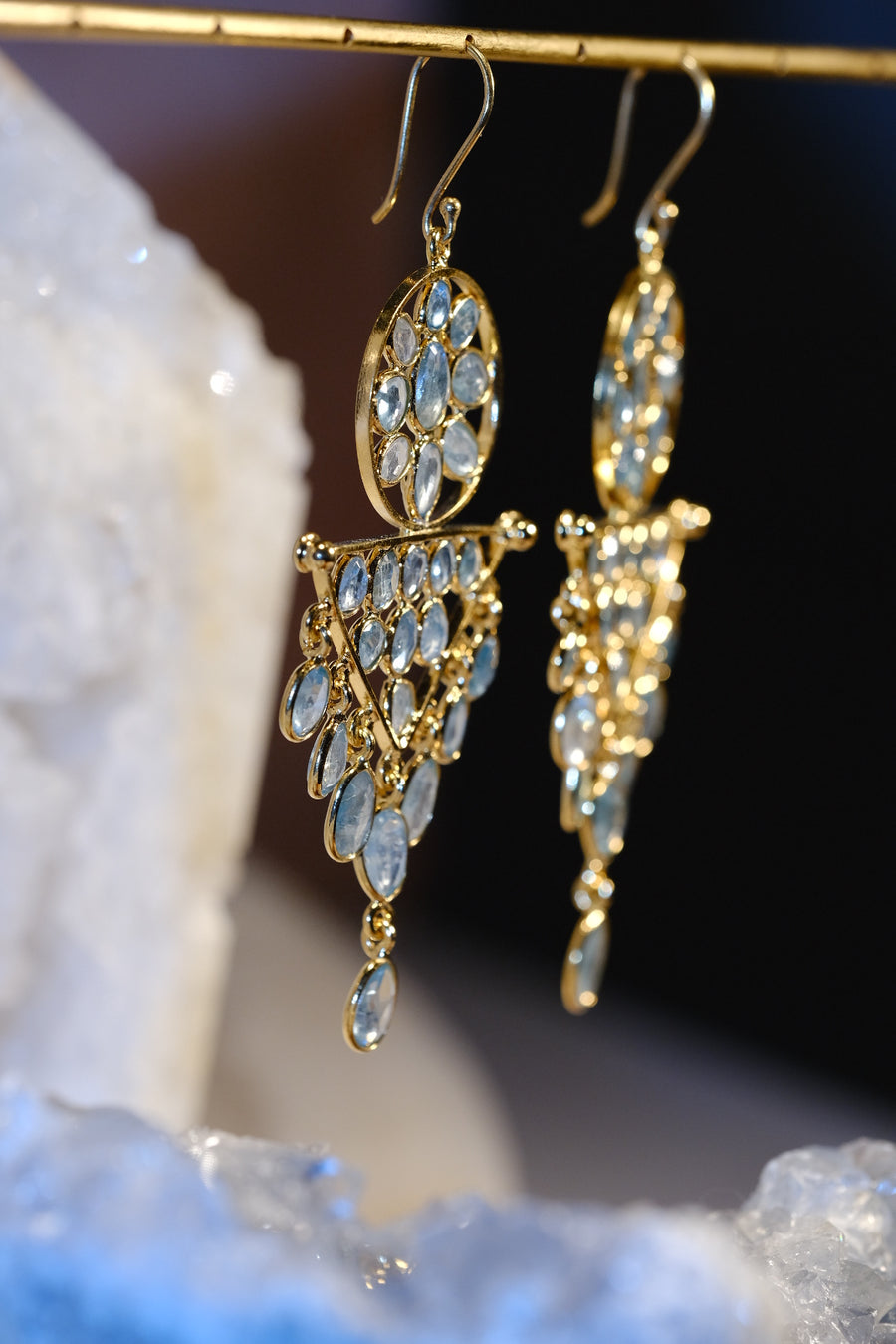 “Caught in a Moon Triangle” Blue Zircon Chandelier Earrings