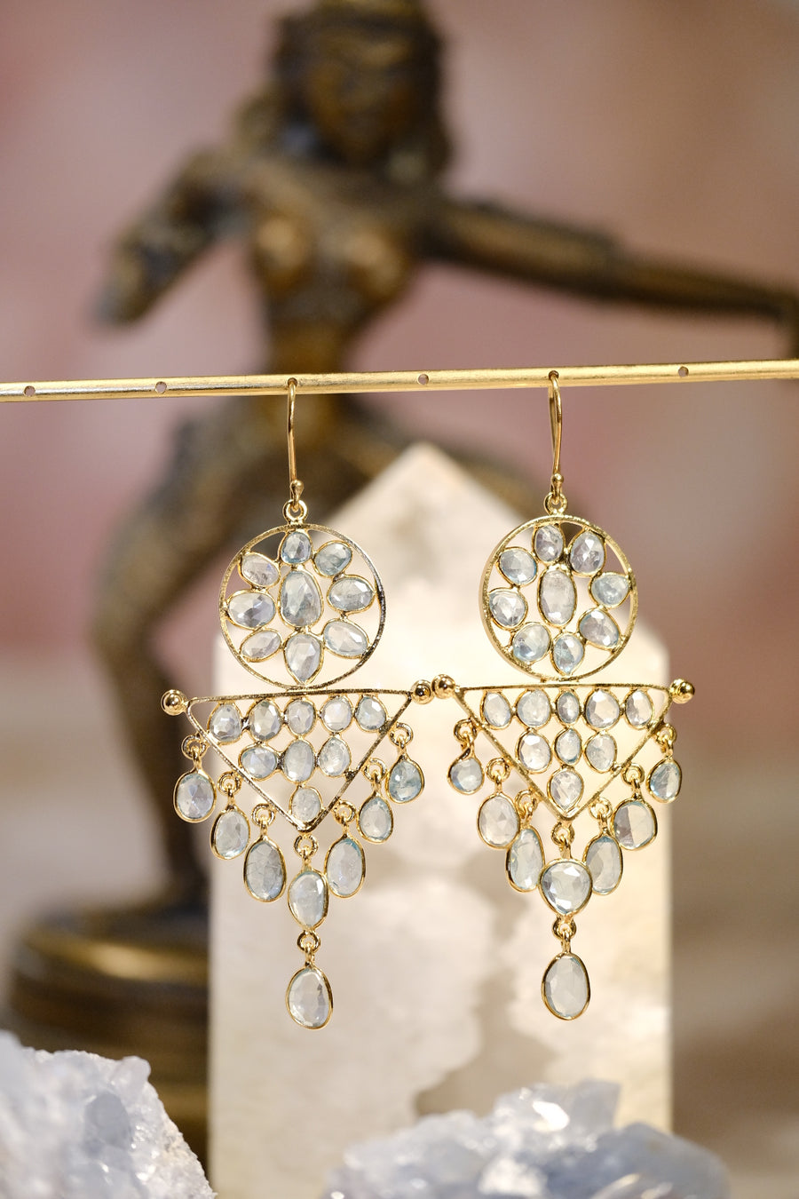 “Caught in a Moon Triangle” Blue Zircon Chandelier Earrings