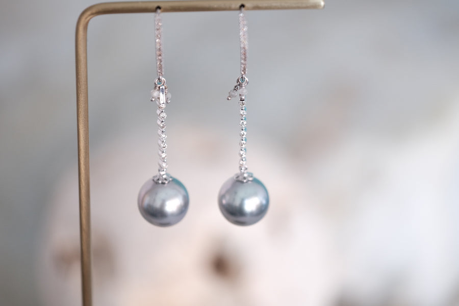 “Mirror Mirror on the Pearl” Tahitian Pearl and Diamond Drop Earrings