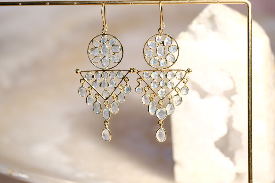 “Caught in a Moon Triangle” Blue Zircon Chandelier Earrings