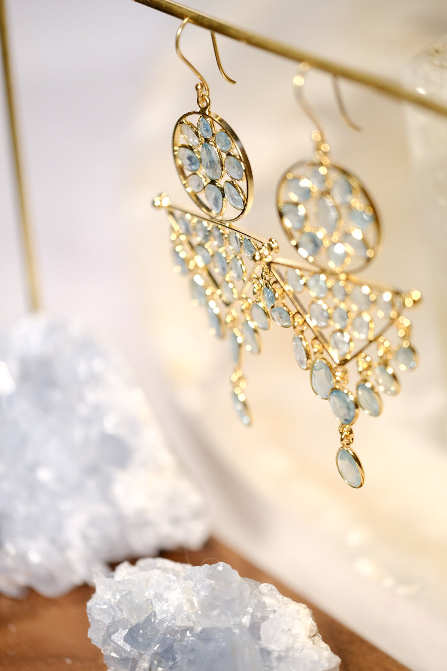 “Caught in a Moon Triangle” Blue Zircon Chandelier Earrings