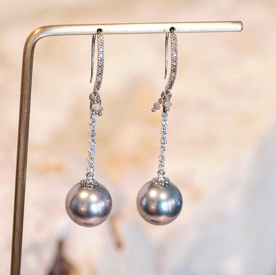 “Mirror Mirror on the Pearl” Tahitian Pearl and Diamond Drop Earrings