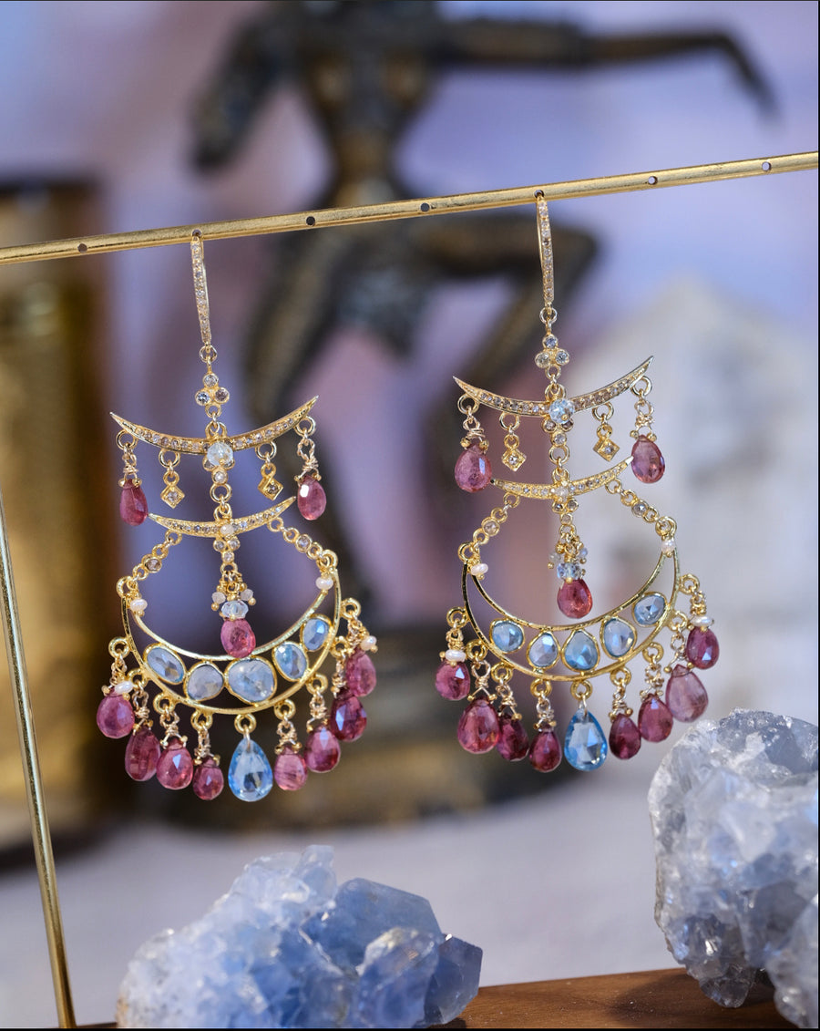 Short “Gemmy Triple Decker Pagoda Crescent” Chandelier Earrings