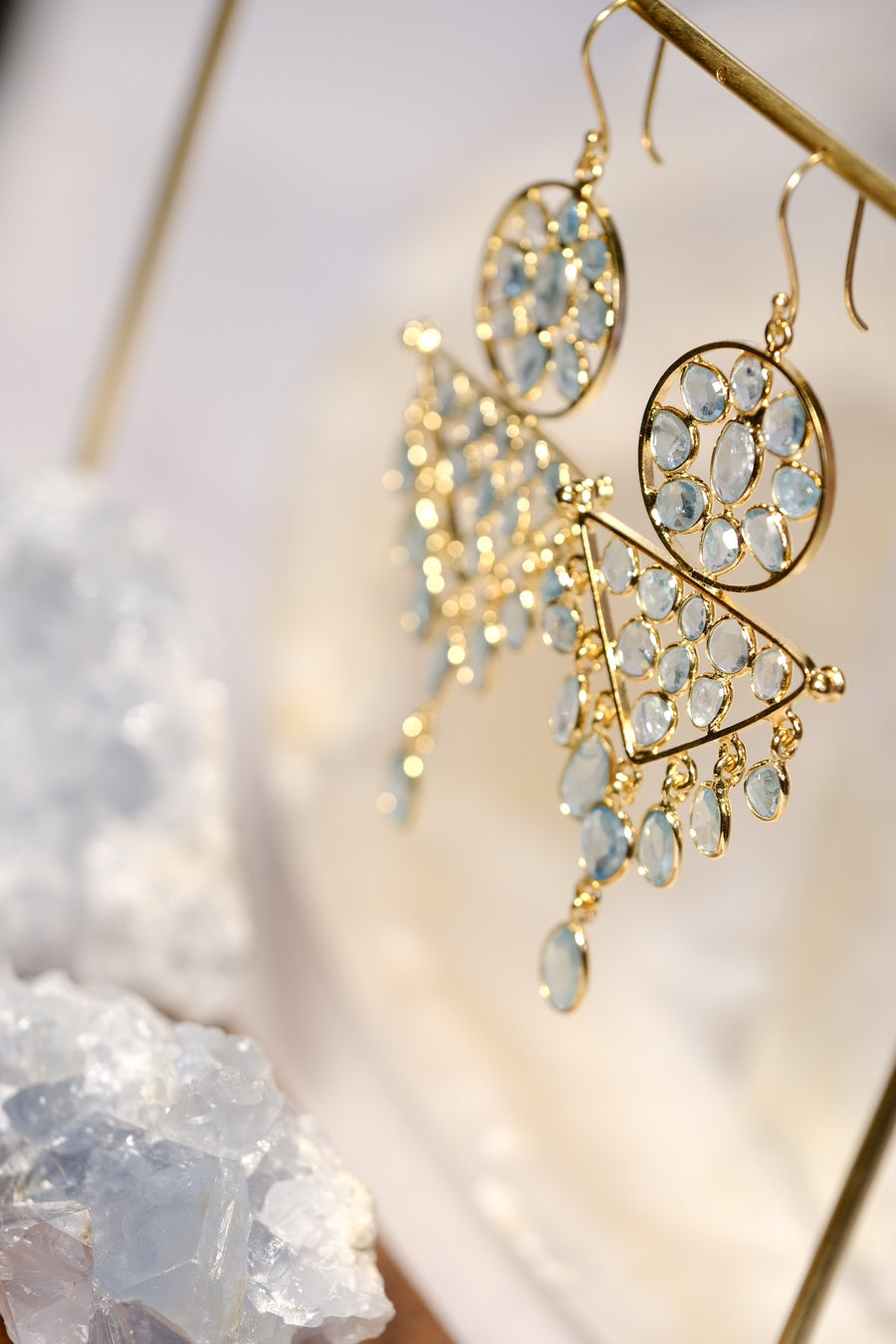 “Caught in a Moon Triangle” Blue Zircon Chandelier Earrings