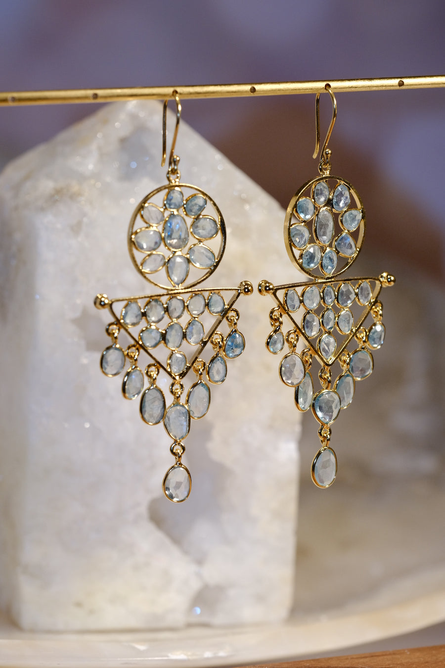 “Caught in a Moon Triangle” Blue Zircon Chandelier Earrings