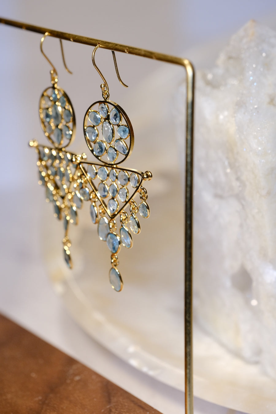 “Caught in a Moon Triangle” Blue Zircon Chandelier Earrings