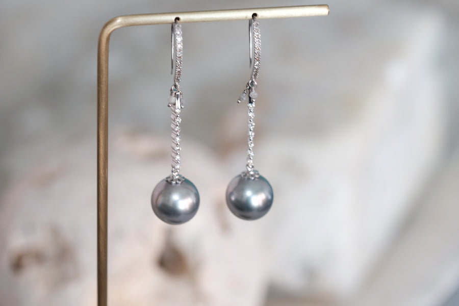 “Mirror Mirror on the Pearl” Tahitian Pearl and Diamond Drop Earrings