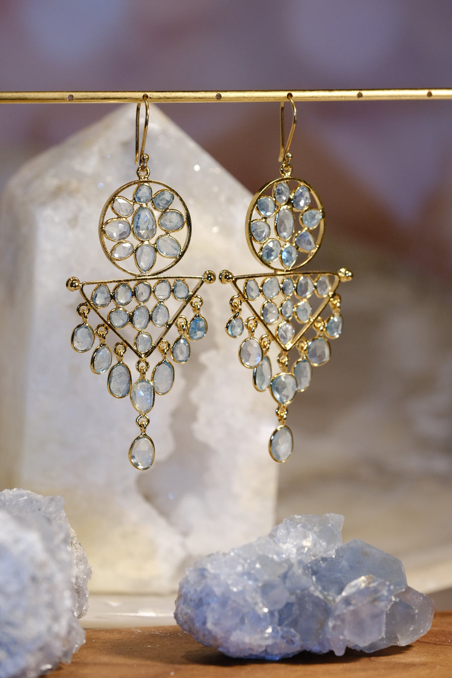 “Caught in a Moon Triangle” Blue Zircon Chandelier Earrings