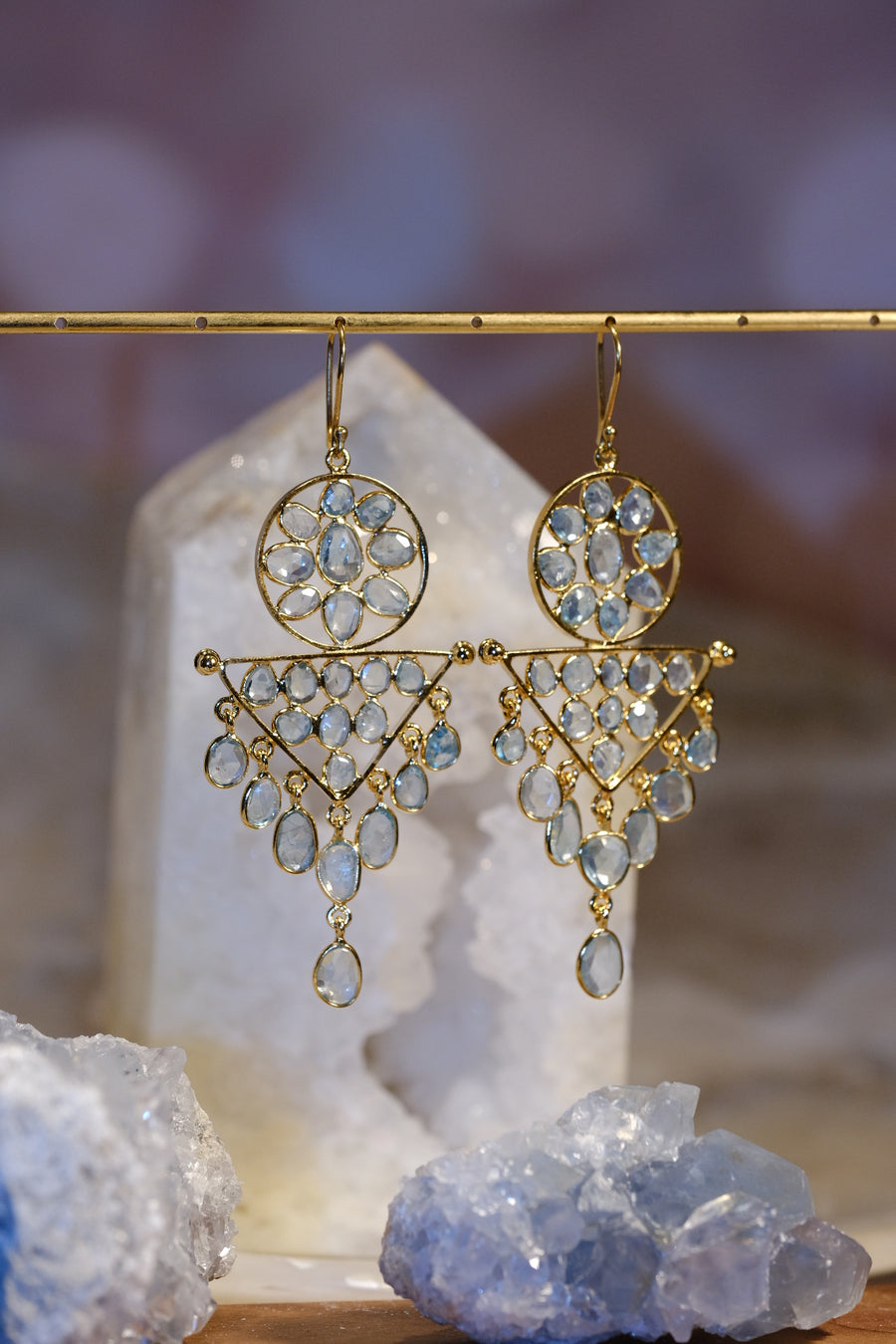 “Caught in a Moon Triangle” Blue Zircon Chandelier Earrings