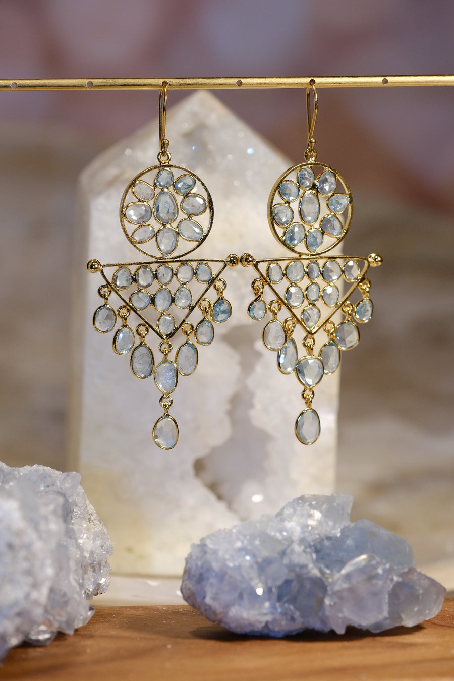 “Caught in a Moon Triangle” Blue Zircon Chandelier Earrings