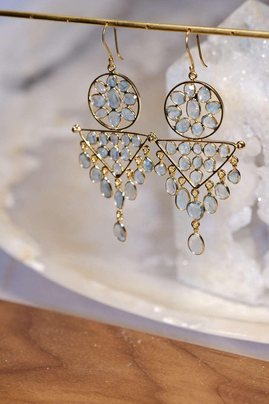 “Caught in a Moon Triangle” Blue Zircon Chandelier Earrings