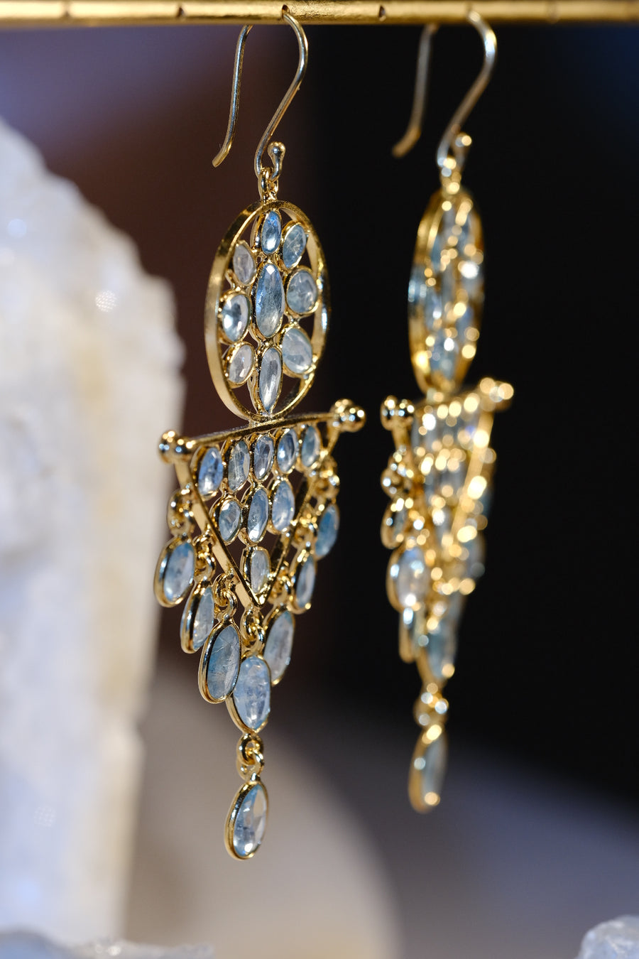 “Caught in a Moon Triangle” Blue Zircon Chandelier Earrings