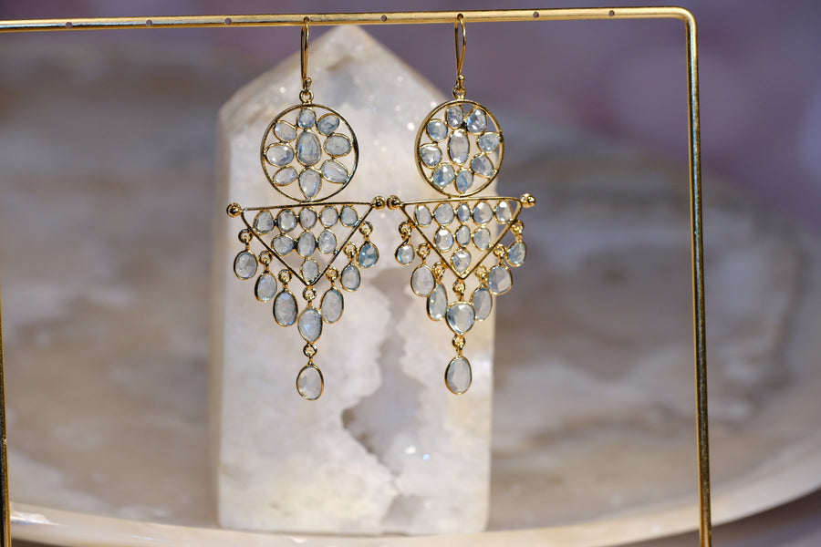 “Caught in a Moon Triangle” Blue Zircon Chandelier Earrings