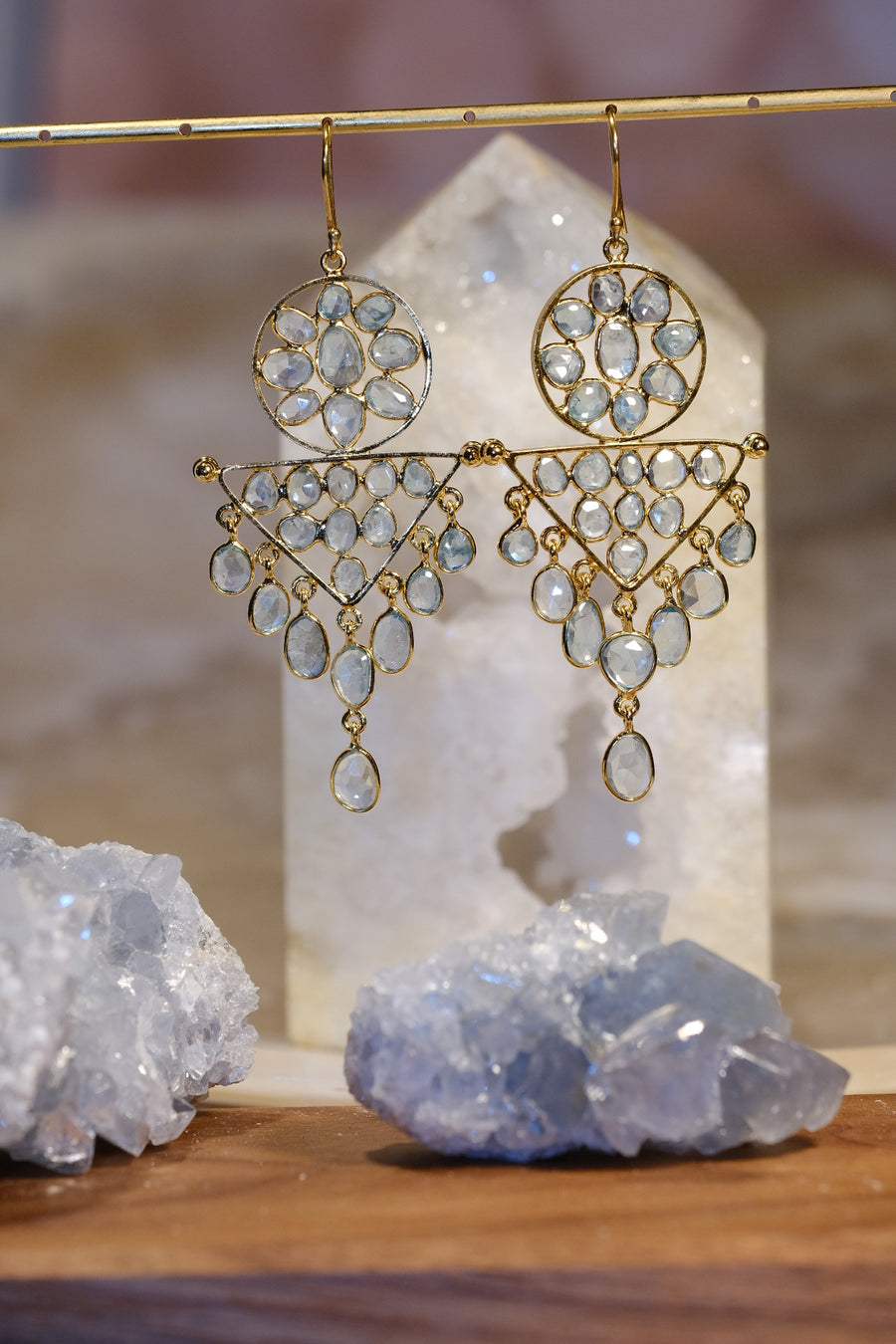 “Caught in a Moon Triangle” Blue Zircon Chandelier Earrings