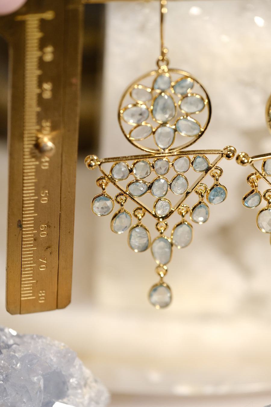 “Caught in a Moon Triangle” Blue Zircon Chandelier Earrings